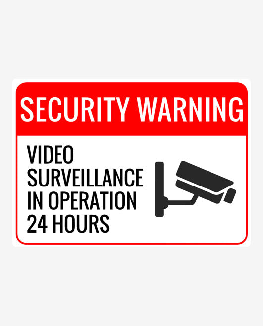 A red and white security warning sign with text and icon indicating video surveillance in operation 24 hours.