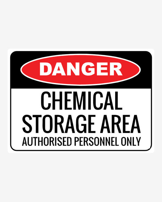 A danger sign with a red and white color scheme, indicating 'Chemical Storage Area - Authorised Personnel Only'