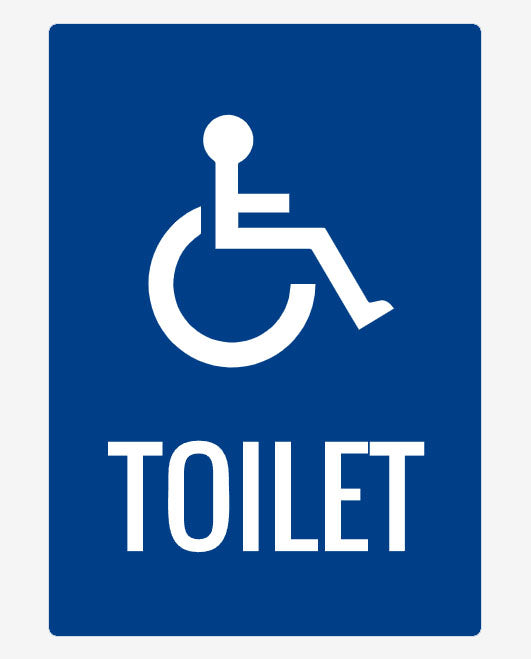 A blue sign with a white pictogram of a person in a wheelchair and the word 'TOILET' printed below.