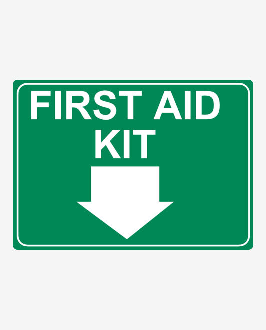 A green safety sign with the text 'FIRST AID KIT' and a downward-pointing arrow.