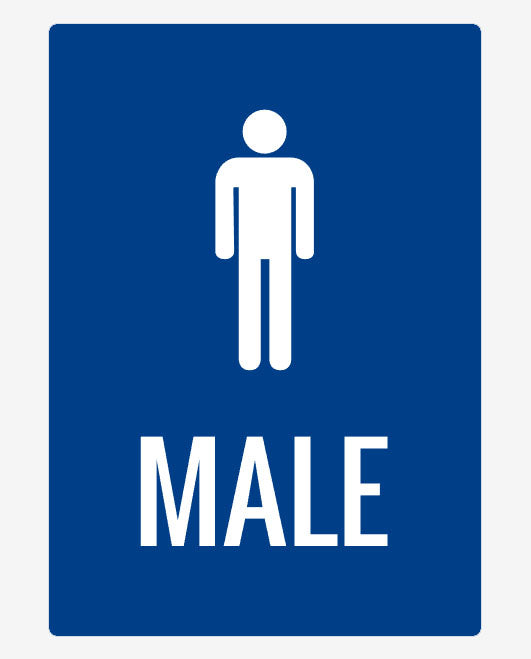 A blue sign with a white graphic of a male toilet and the word 'MALE' below it.