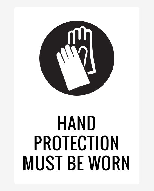 Sign with a black and white design featuring a hand gesture symbol indicating the need for hand protection.