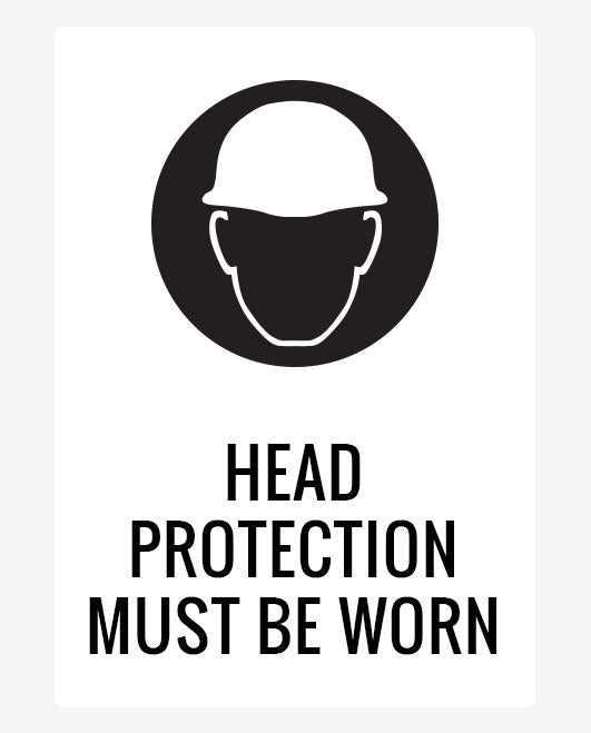 A sign with a icon of a hard hat and the text 'HEAD PROTECTION MUST BE WORN' printed below it.