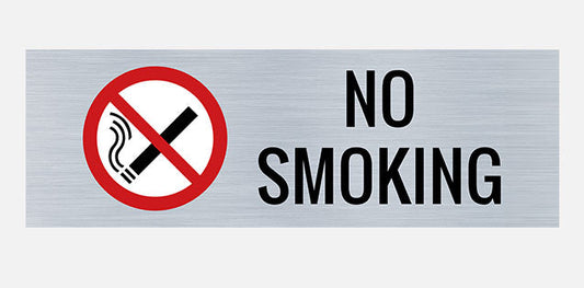 A rectangular sign with a red and white no smoking symbol, with the text 'NO SMOKING' in bold letters.
