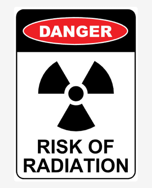 A warning sign with a white background, featuring the text 'DANGER' in red capital letters and a black graphic of a radioactive symbol.