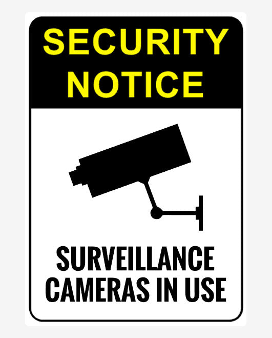 A black and white security notice sign with the text 'SECURITY NOTICE' in yellow font and a surveillance camera icon in red.