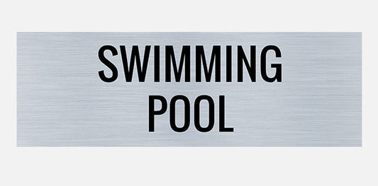 A rectangular metal sign with the words 'SWimming Pool' in bold capital letters.