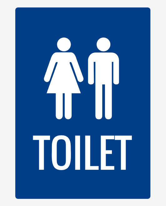 A blue sign with a white graphic of a woman and a man, and the word 'TOILET' printed below them.